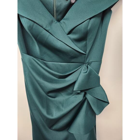 Xscape Women's Long Off Shoulder Sweetheart Neck Side Ruffle Gown, Sz 14P Hunter - Picture 3 of 14